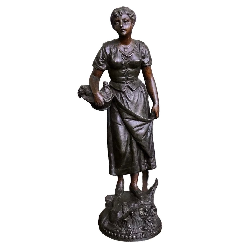 19th Century Belle Epoque Sculpture of Woman Carrying Basket with Hen